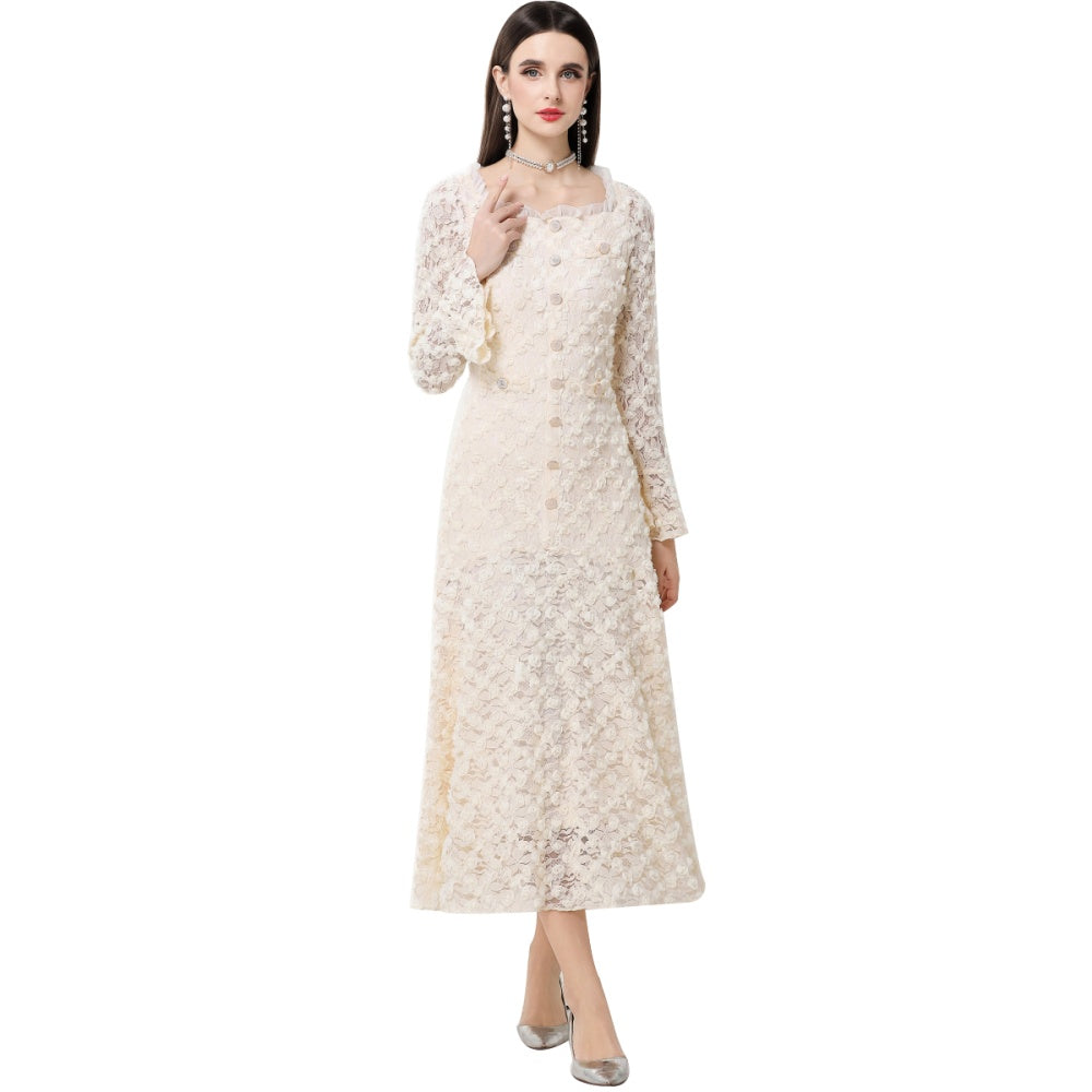 CM-DY061768 Women Elegant European Style Lace Floral Square Neck Long Sleeve High Waist A-Line Dress - Apricot