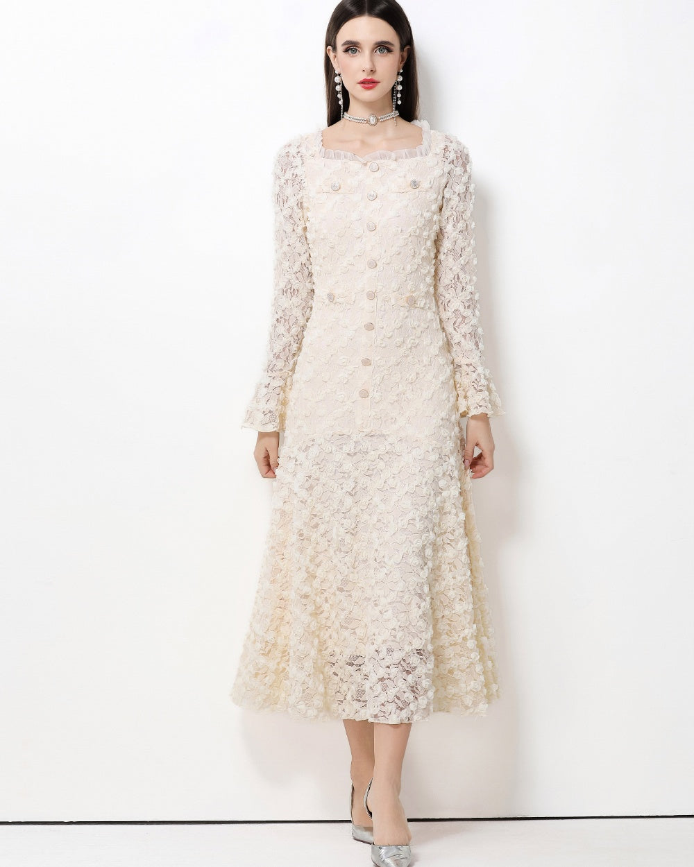CM-DY061768 Women Elegant European Style Lace Floral Square Neck Long Sleeve High Waist A-Line Dress - Apricot