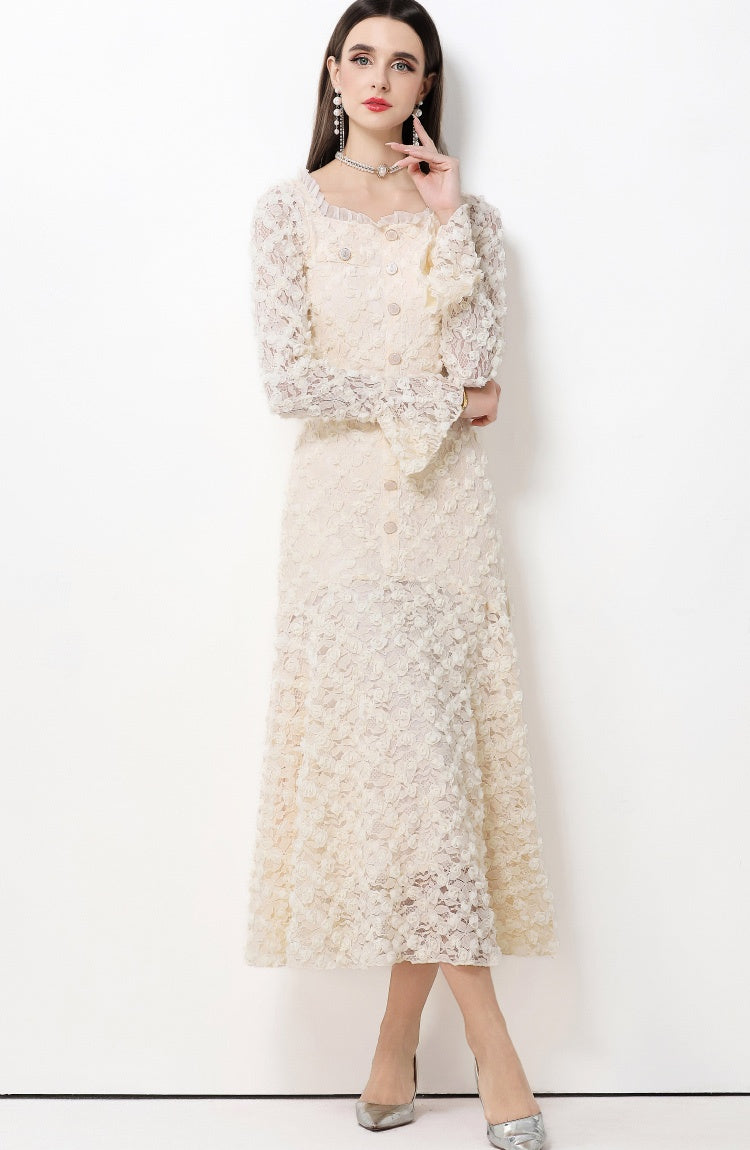 CM-DY061768 Women Elegant European Style Lace Floral Square Neck Long Sleeve High Waist A-Line Dress - Apricot