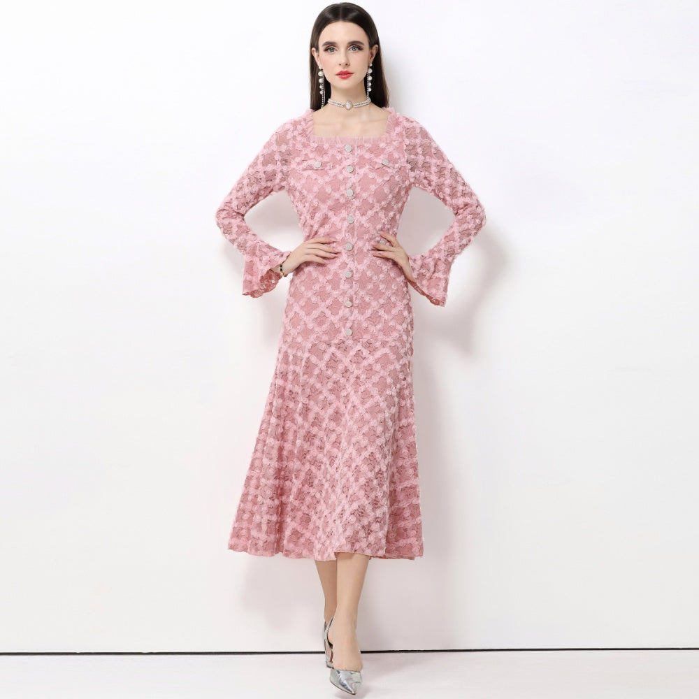 CM-DY061769 Women Elegant European Style Lace Floral Square Neck Long Sleeve High Waist A-Line Dress - Pink