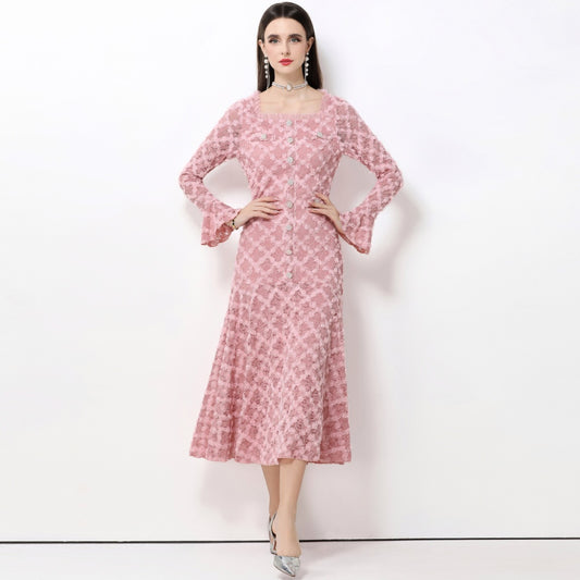 CM-DY061769 Women Elegant European Style Lace Floral Square Neck Long Sleeve High Waist A-Line Dress - Pink