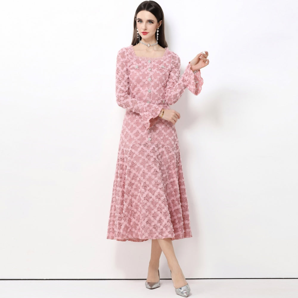 CM-DY061769 Women Elegant European Style Lace Floral Square Neck Long Sleeve High Waist A-Line Dress - Pink