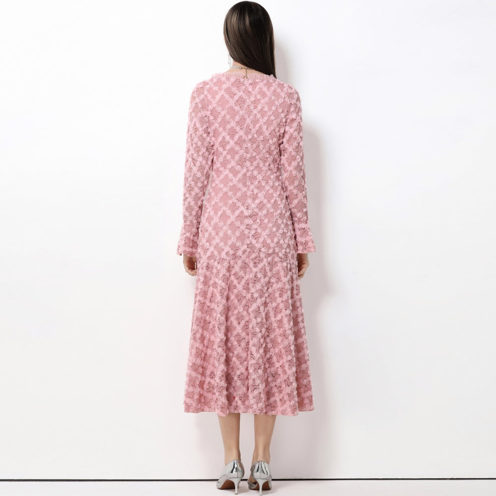 CM-DY061769 Women Elegant European Style Lace Floral Square Neck Long Sleeve High Waist A-Line Dress - Pink