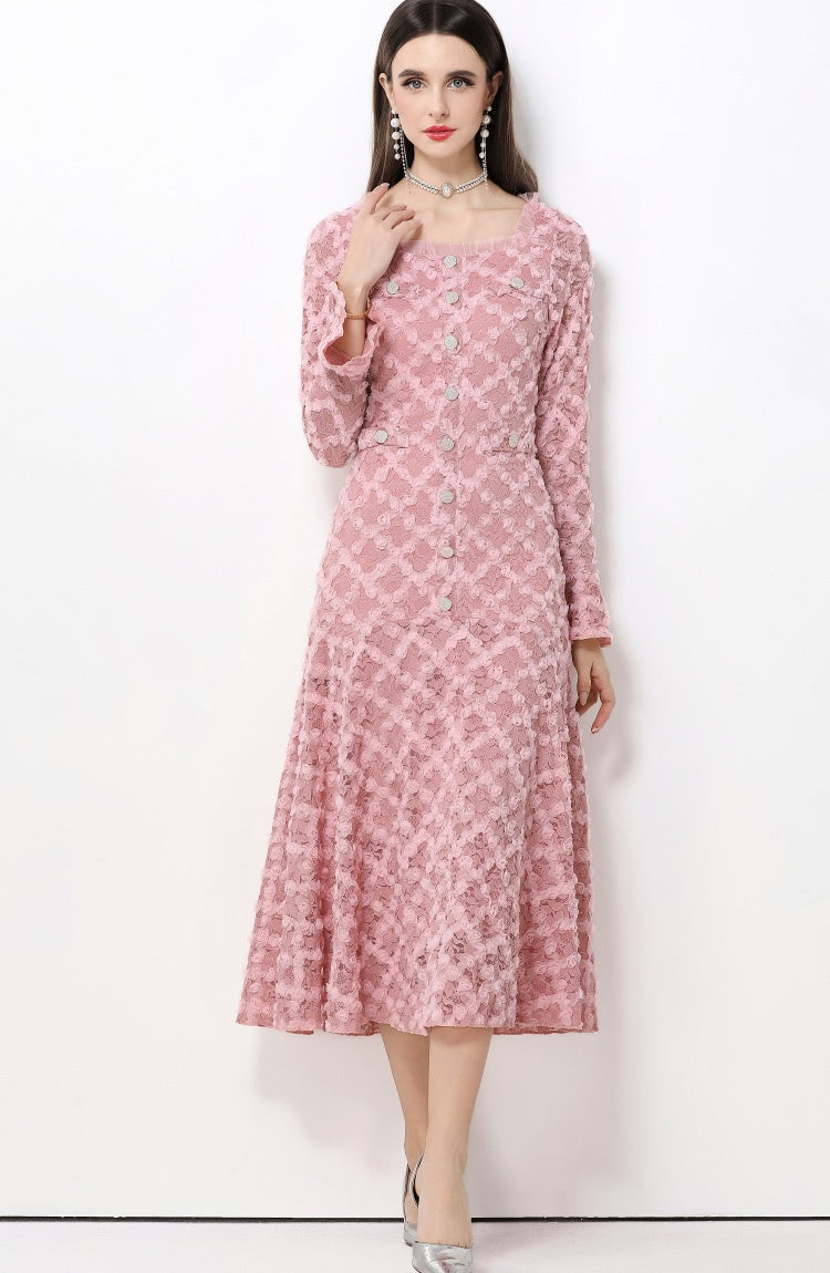 CM-DY061769 Women Elegant European Style Lace Floral Square Neck Long Sleeve High Waist A-Line Dress - Pink