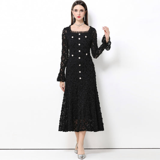 CM-DY061770 Women Elegant European Style Lace Floral Square Neck Long Sleeve High Waist A-Line Dress - Black