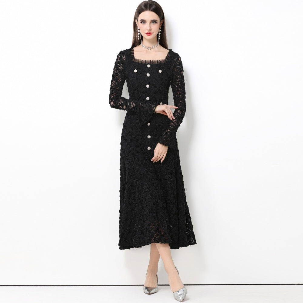 CM-DY061770 Women Elegant European Style Lace Floral Square Neck Long Sleeve High Waist A-Line Dress - Black