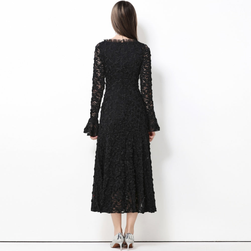 CM-DY061770 Women Elegant European Style Lace Floral Square Neck Long Sleeve High Waist A-Line Dress - Black
