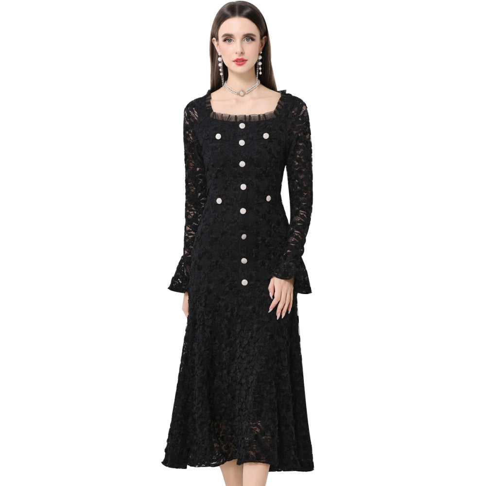 CM-DY061770 Women Elegant European Style Lace Floral Square Neck Long Sleeve High Waist A-Line Dress - Black