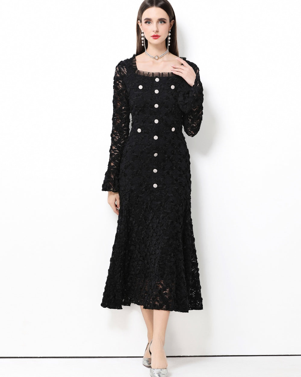 CM-DY061770 Women Elegant European Style Lace Floral Square Neck Long Sleeve High Waist A-Line Dress - Black