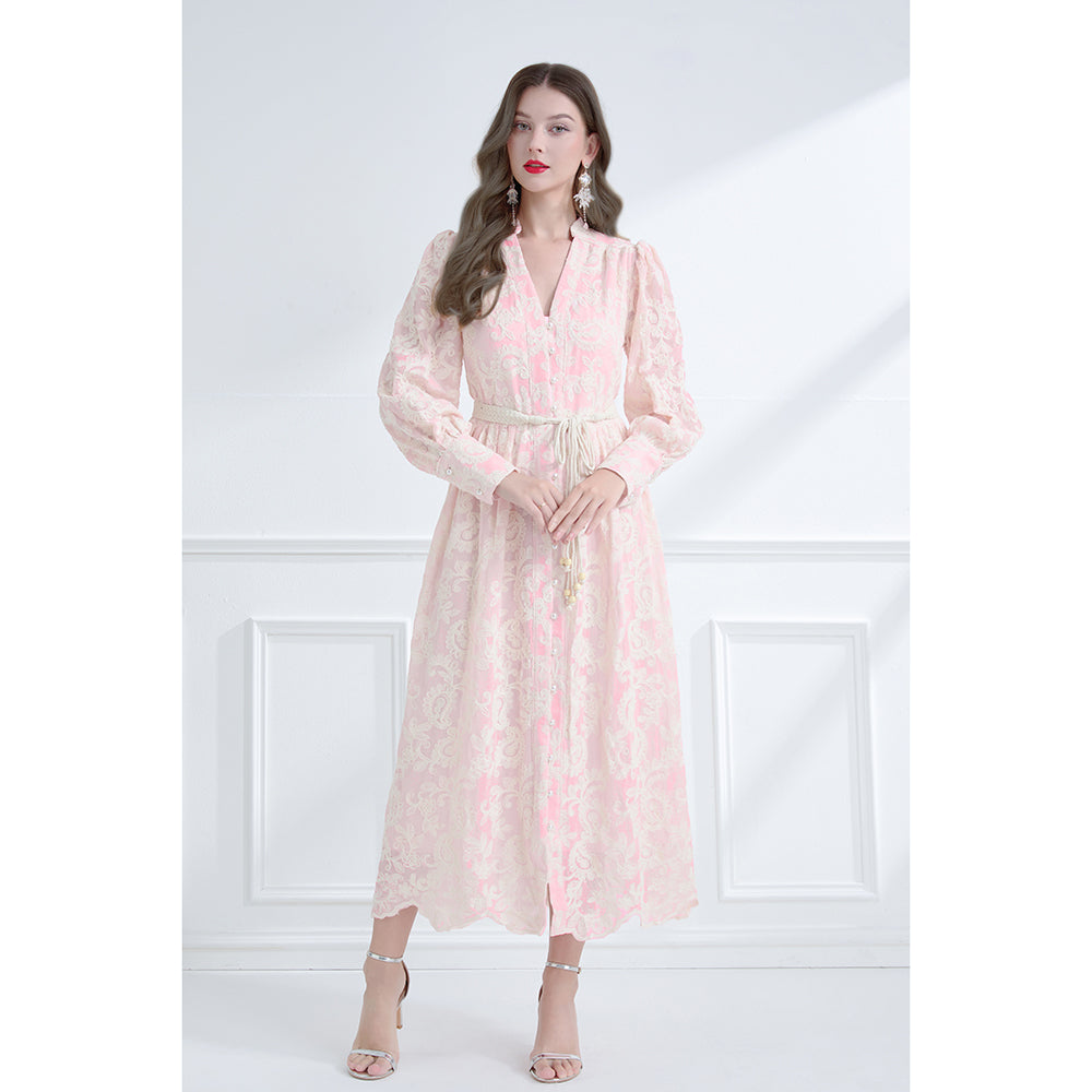 CM-DY061786 Women Elegant European Style Embroidered V-Neck Long Sleeve Lace Midi Dress - Pink
