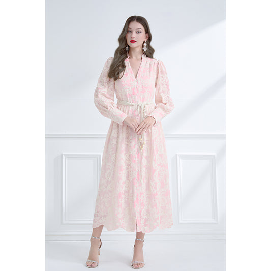 CM-DY061786 Women Elegant European Style Embroidered V-Neck Long Sleeve Lace Midi Dress - Pink