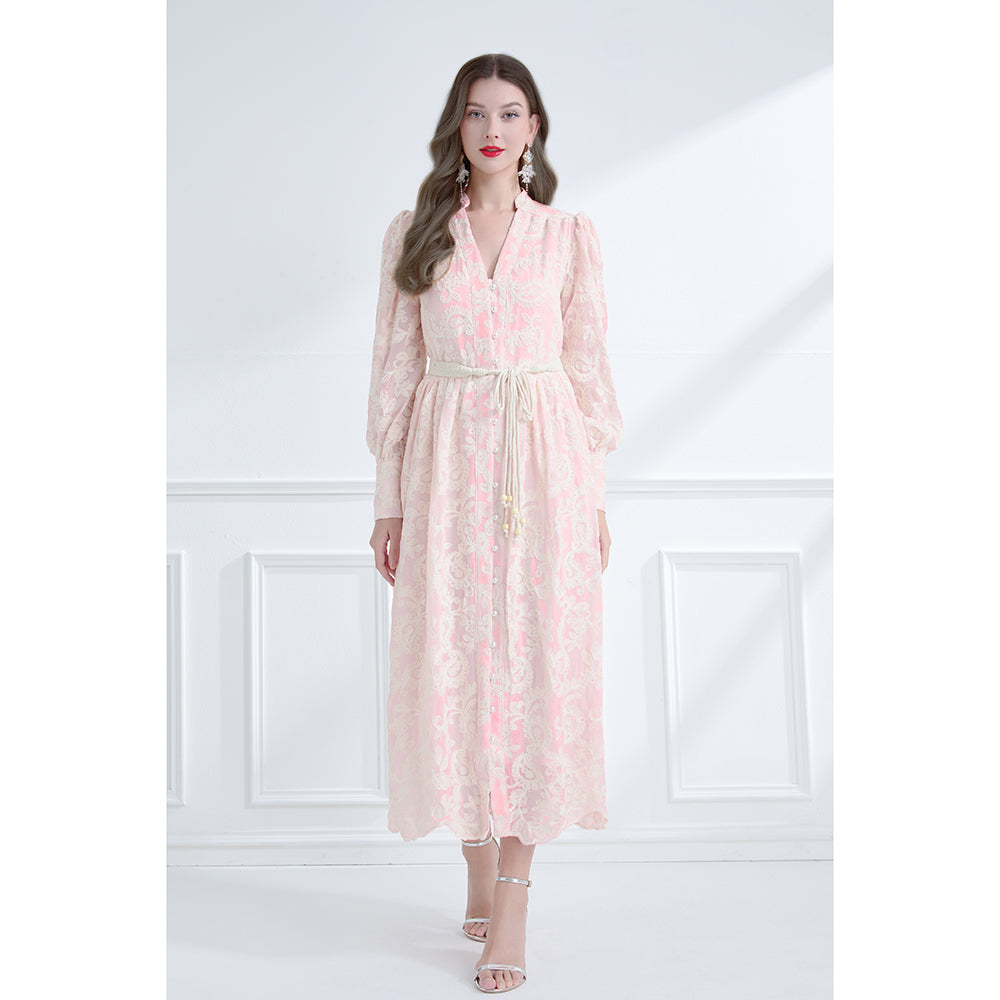 CM-DY061786 Women Elegant European Style Embroidered V-Neck Long Sleeve Lace Midi Dress - Pink
