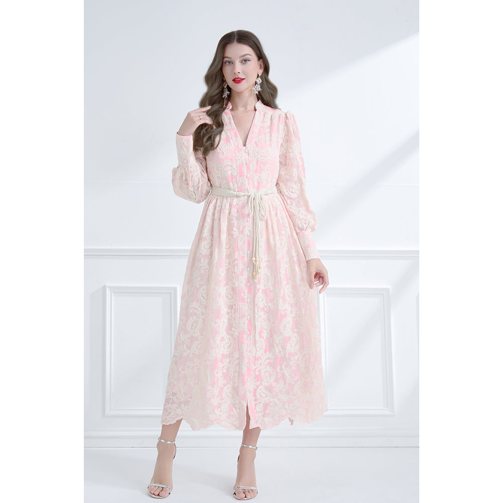 CM-DY061786 Women Elegant European Style Embroidered V-Neck Long Sleeve Lace Midi Dress - Pink