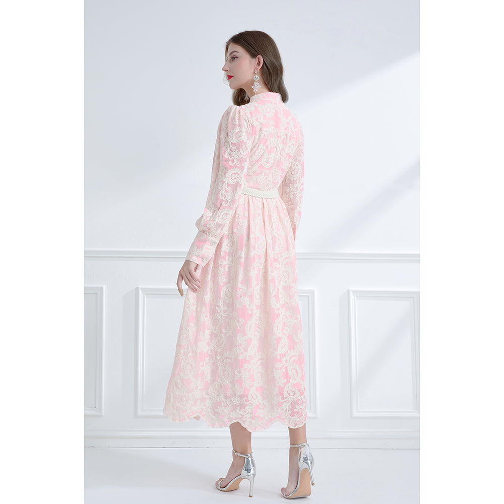 CM-DY061786 Women Elegant European Style Embroidered V-Neck Long Sleeve Lace Midi Dress - Pink