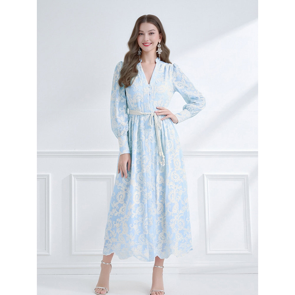 CM-DY061787 Women Elegant European Style Embroidered V-Neck Long Sleeve Lace Midi Dress - Blue