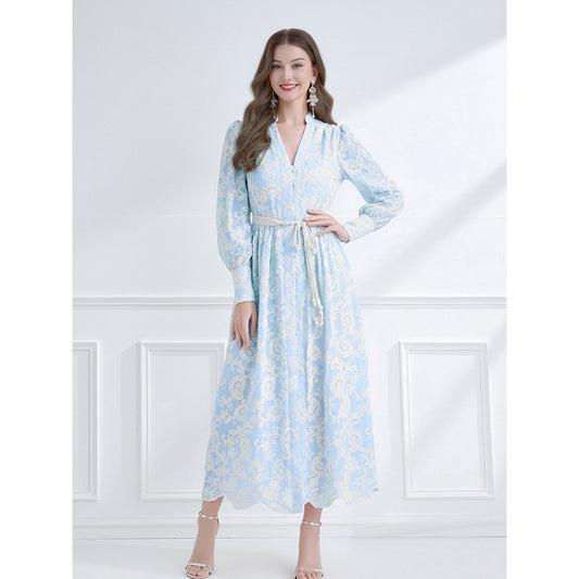 CM-DY061787 Women Elegant European Style Embroidered V-Neck Long Sleeve Lace Midi Dress - Blue