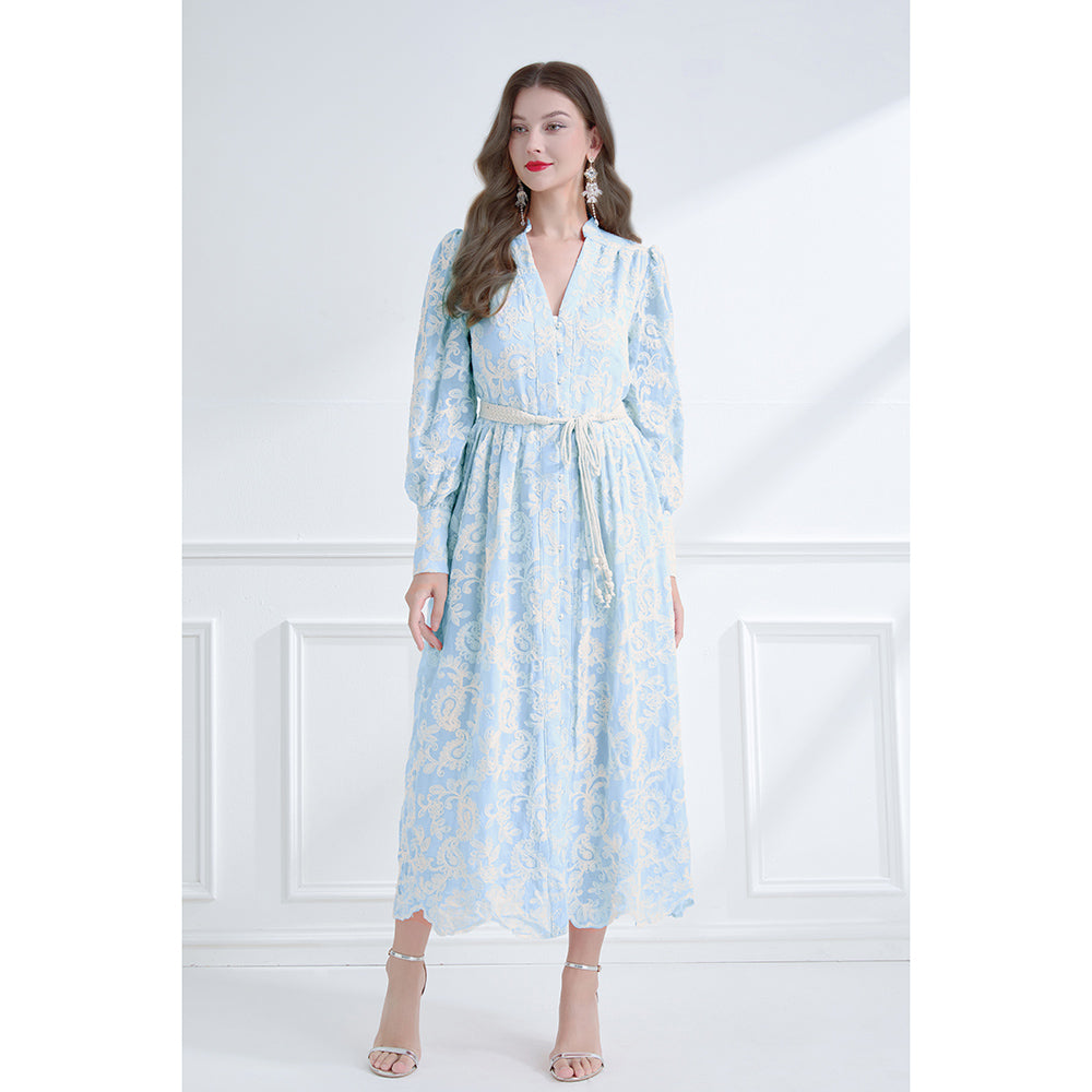 CM-DY061787 Women Elegant European Style Embroidered V-Neck Long Sleeve Lace Midi Dress - Blue