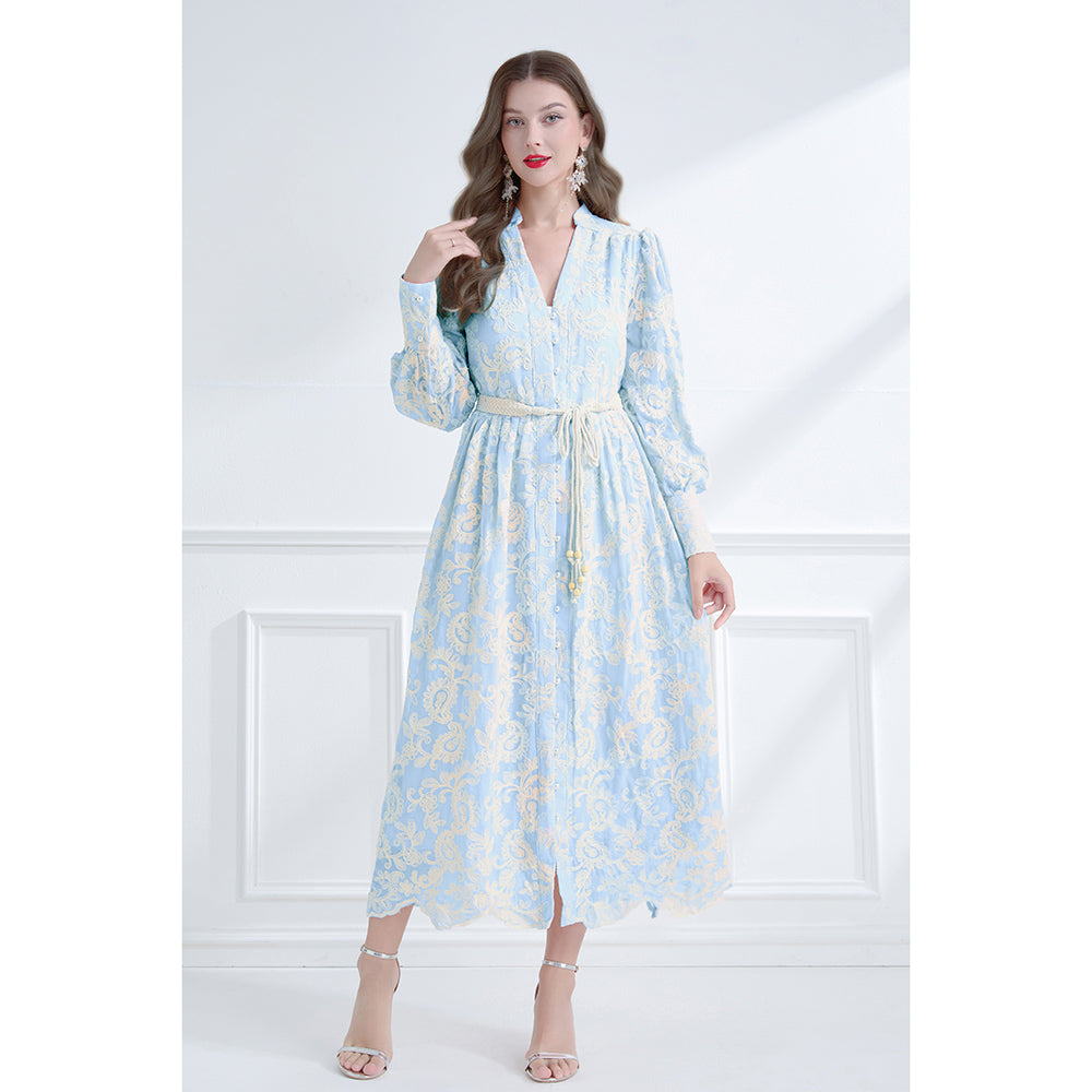 CM-DY061787 Women Elegant European Style Embroidered V-Neck Long Sleeve Lace Midi Dress - Blue
