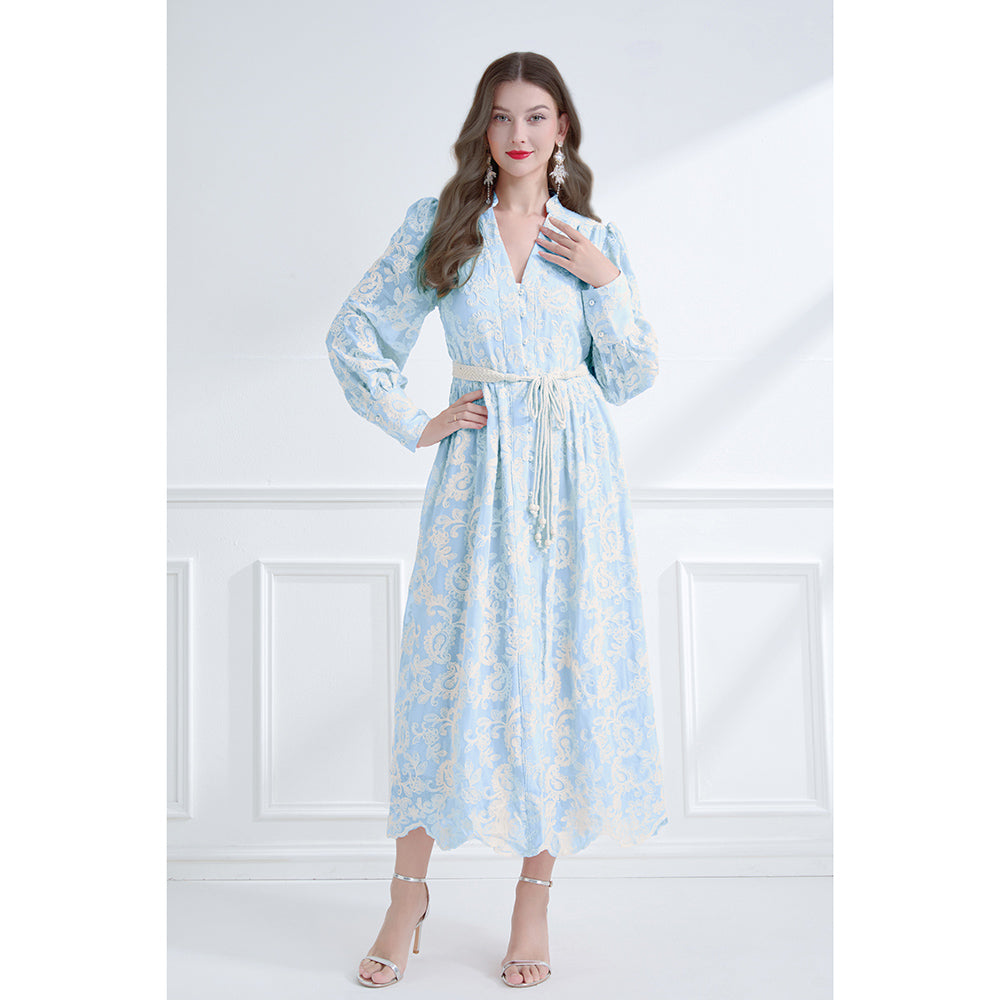 CM-DY061787 Women Elegant European Style Embroidered V-Neck Long Sleeve Lace Midi Dress - Blue