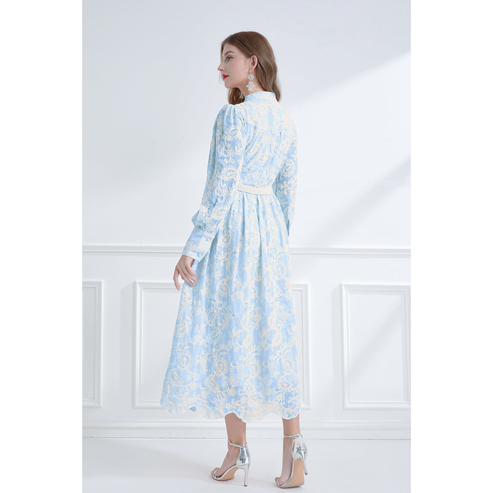 CM-DY061787 Women Elegant European Style Embroidered V-Neck Long Sleeve Lace Midi Dress - Blue
