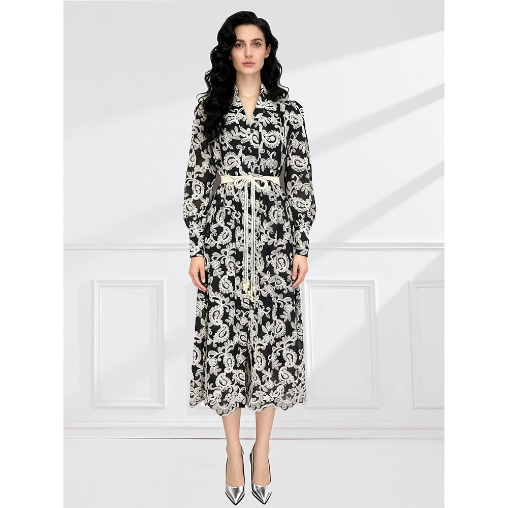 CM-DY061788 Women Elegant European Style Embroidered V-Neck Long Sleeve Lace Midi Dress - Black