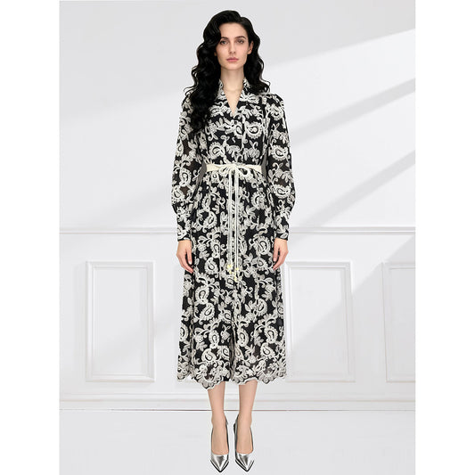 CM-DY061788 Women Elegant European Style Embroidered V-Neck Long Sleeve Lace Midi Dress - Black