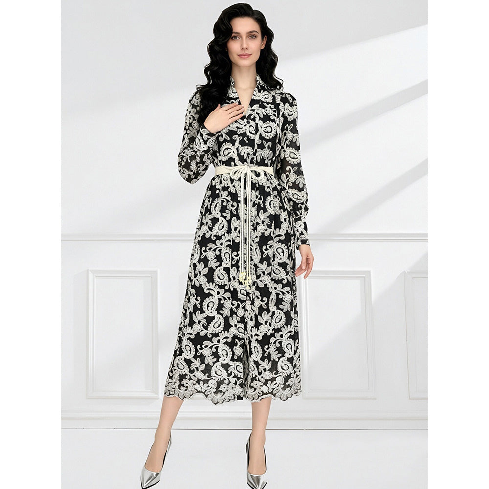 CM-DY061788 Women Elegant European Style Embroidered V-Neck Long Sleeve Lace Midi Dress - Black