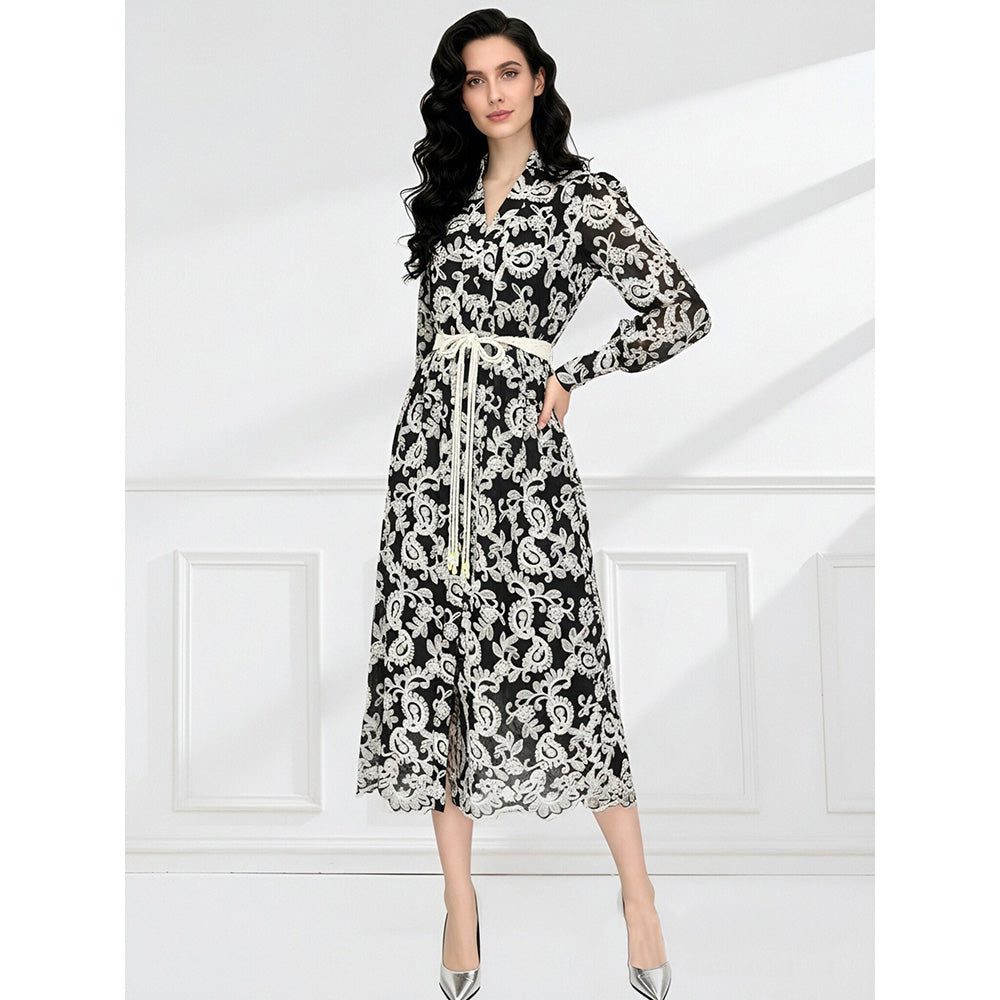 CM-DY061788 Women Elegant European Style Embroidered V-Neck Long Sleeve Lace Midi Dress - Black