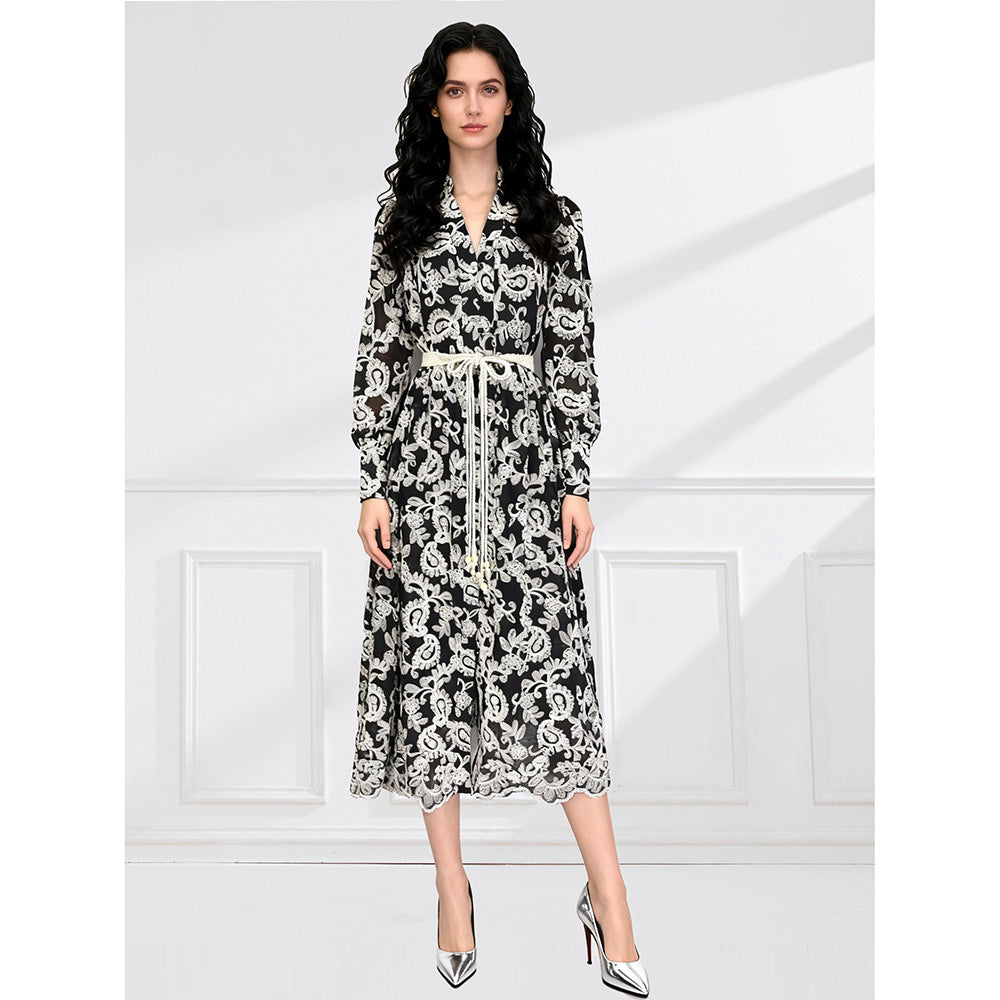 CM-DY061788 Women Elegant European Style Embroidered V-Neck Long Sleeve Lace Midi Dress - Black
