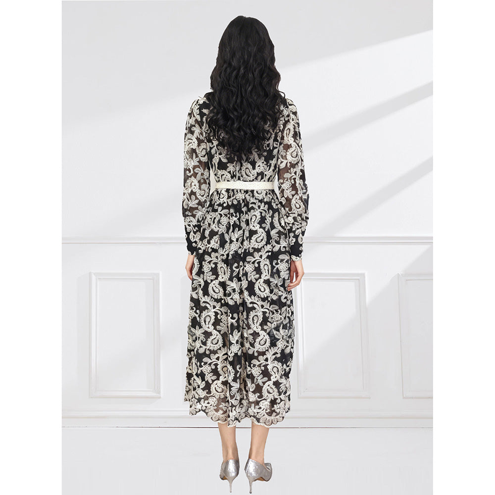 CM-DY061788 Women Elegant European Style Embroidered V-Neck Long Sleeve Lace Midi Dress - Black