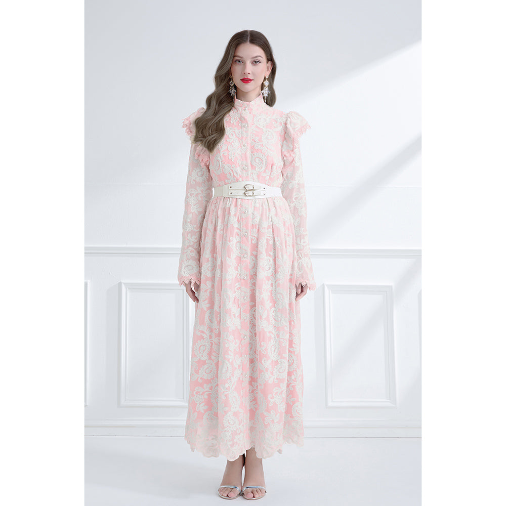 CM-DY061789 Women Elegant European Style Stand Collar Lotus Leaf Edges Long Sleeve Dress - Pink