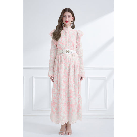 CM-DY061789 Women Elegant European Style Stand Collar Lotus Leaf Edges Long Sleeve Dress - Pink