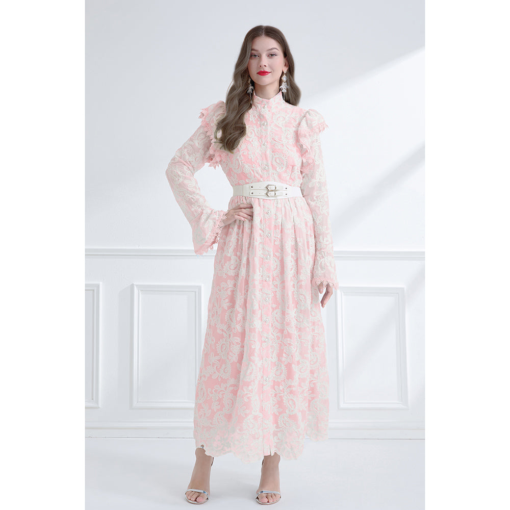 CM-DY061789 Women Elegant European Style Stand Collar Lotus Leaf Edges Long Sleeve Dress - Pink