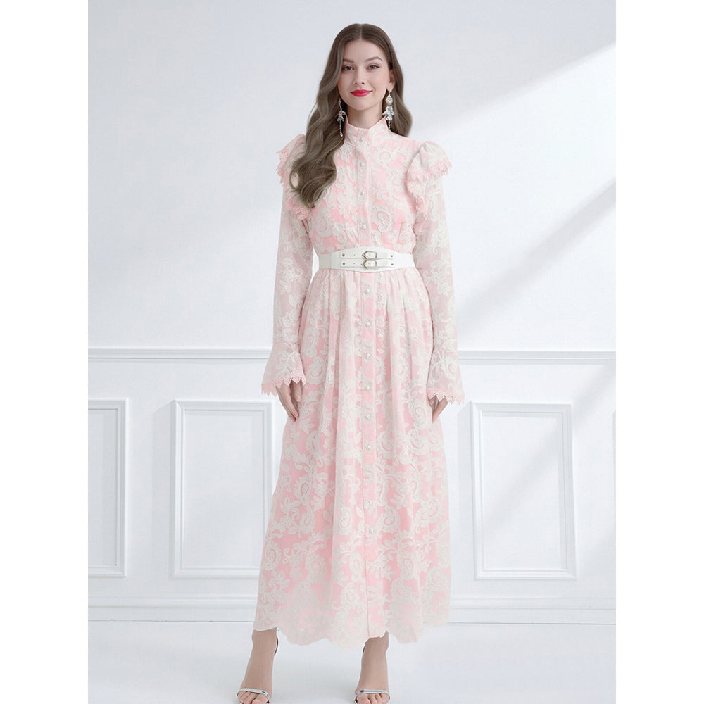 CM-DY061789 Women Elegant European Style Stand Collar Lotus Leaf Edges Long Sleeve Dress - Pink
