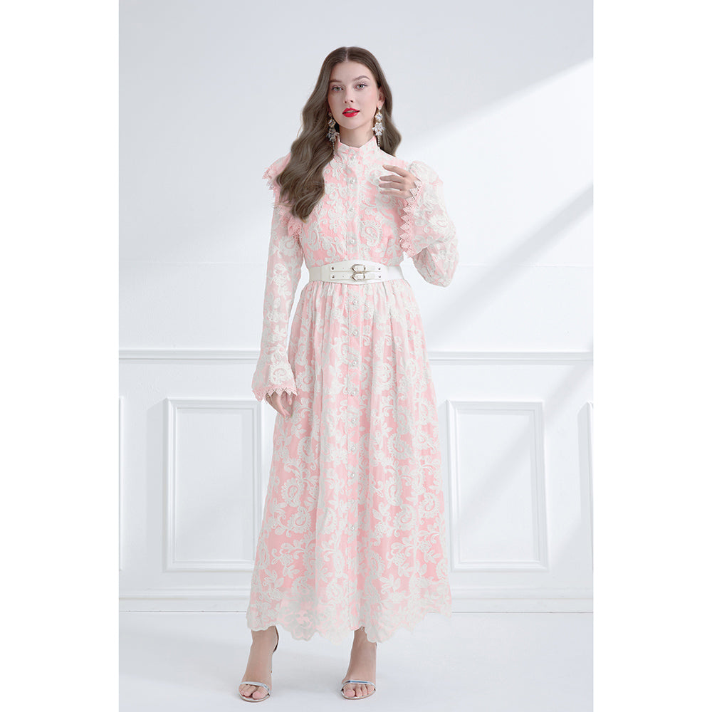 CM-DY061789 Women Elegant European Style Stand Collar Lotus Leaf Edges Long Sleeve Dress - Pink