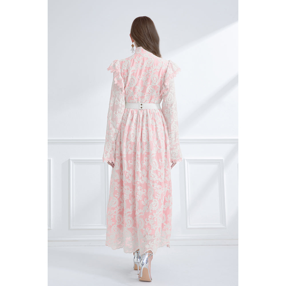 CM-DY061789 Women Elegant European Style Stand Collar Lotus Leaf Edges Long Sleeve Dress - Pink