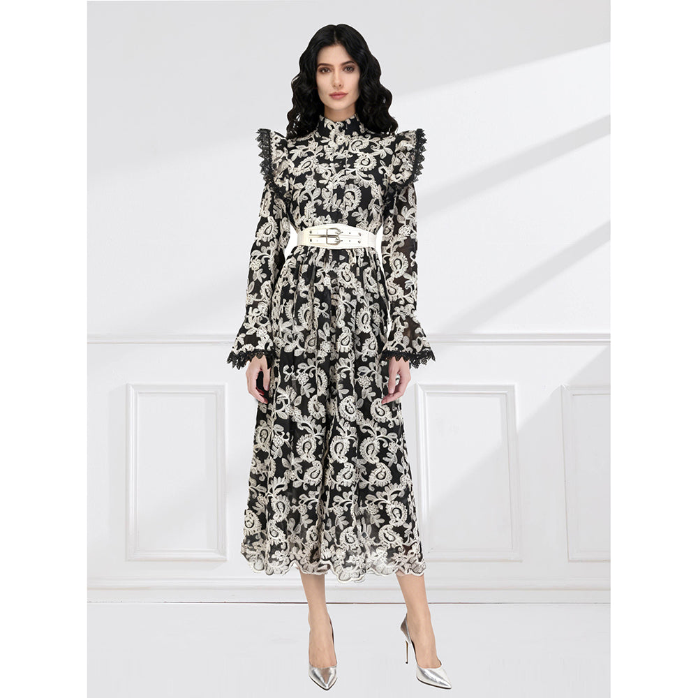 CM-DY061790 Women Elegant European Style Stand Collar Lotus Leaf Edges Long Sleeve Dress - Black