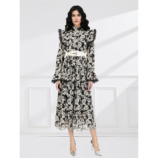 CM-DY061790 Women Elegant European Style Stand Collar Lotus Leaf Edges Long Sleeve Dress - Black