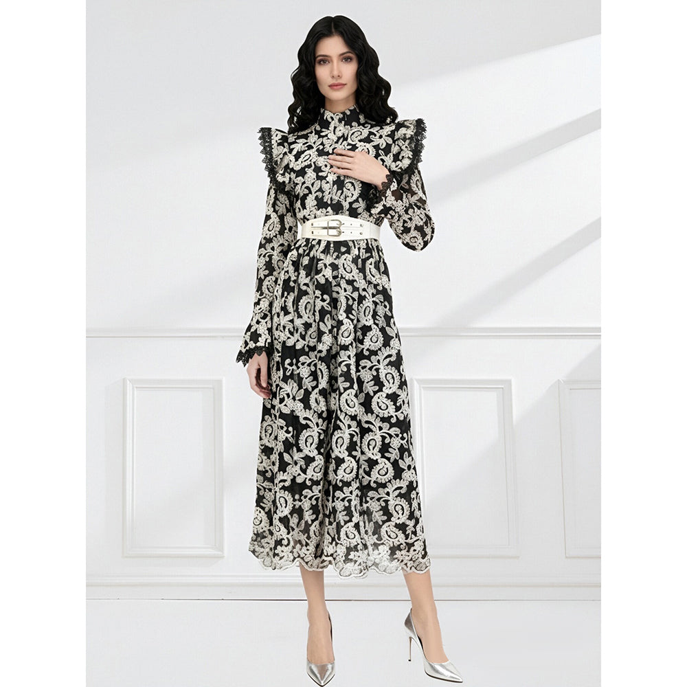 CM-DY061790 Women Elegant European Style Stand Collar Lotus Leaf Edges Long Sleeve Dress - Black
