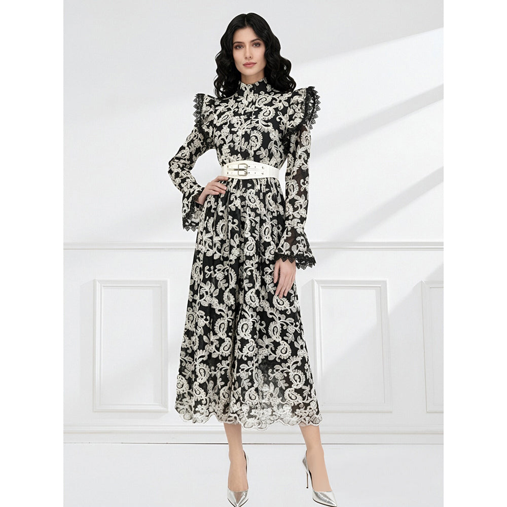 CM-DY061790 Women Elegant European Style Stand Collar Lotus Leaf Edges Long Sleeve Dress - Black