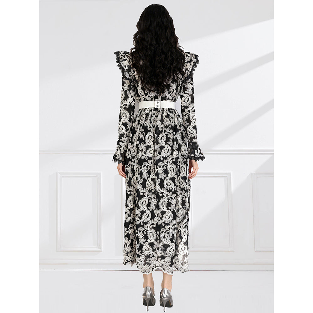 CM-DY061790 Women Elegant European Style Stand Collar Lotus Leaf Edges Long Sleeve Dress - Black