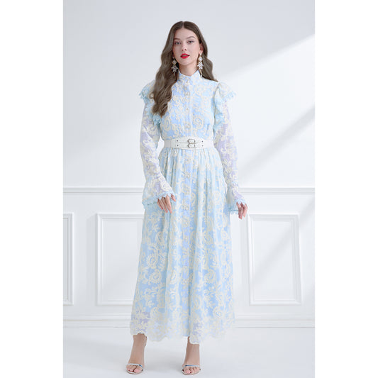 CM-DY061791 Women Elegant European Style Stand Collar Lotus Leaf Edges Long Sleeve Dress - Blue