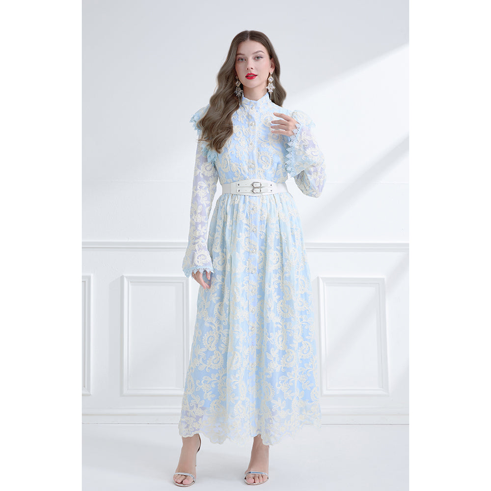 CM-DY061791 Women Elegant European Style Stand Collar Lotus Leaf Edges Long Sleeve Dress - Blue