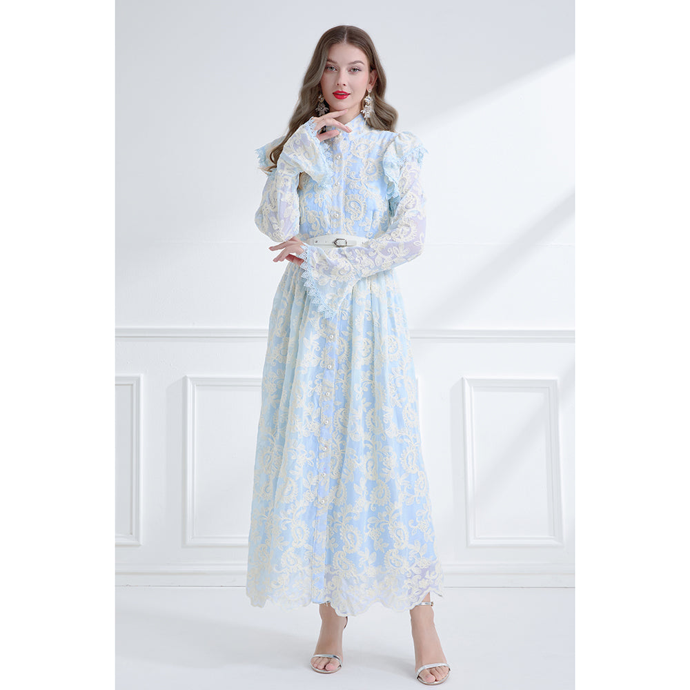 CM-DY061791 Women Elegant European Style Stand Collar Lotus Leaf Edges Long Sleeve Dress - Blue