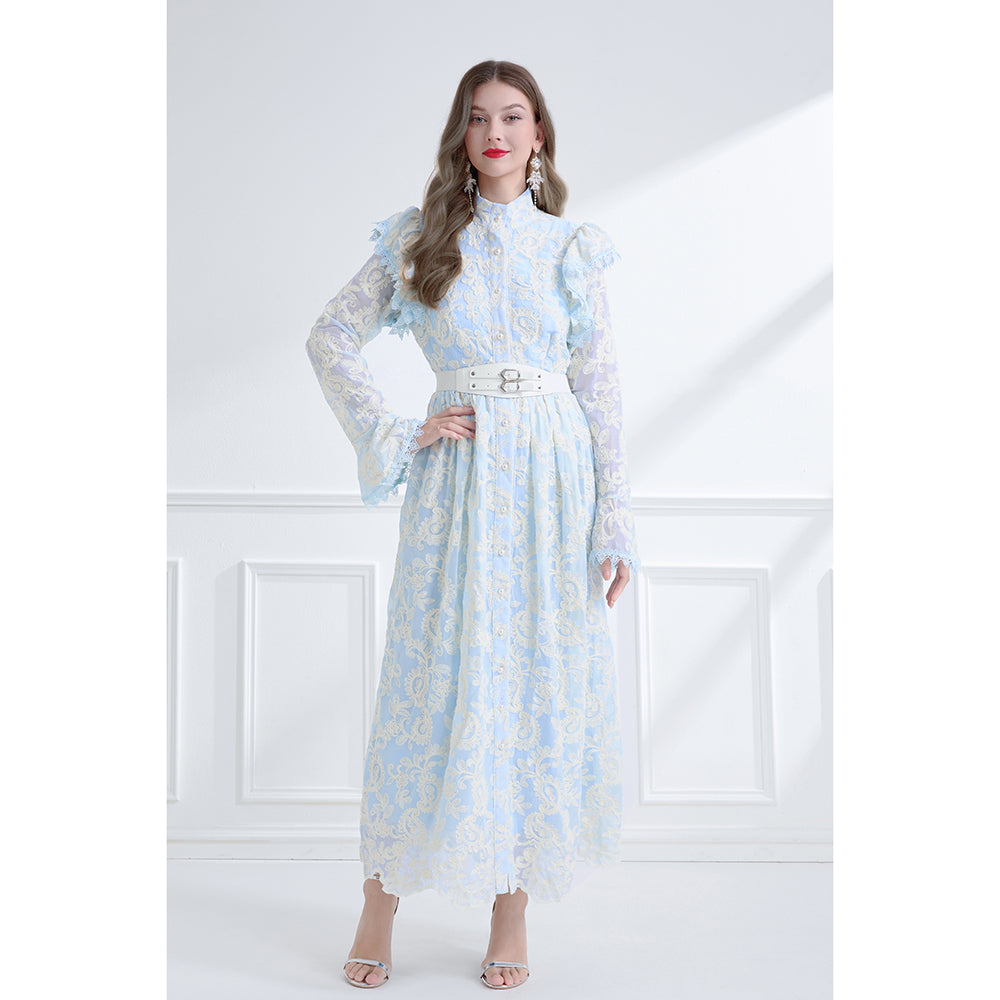 CM-DY061791 Women Elegant European Style Stand Collar Lotus Leaf Edges Long Sleeve Dress - Blue