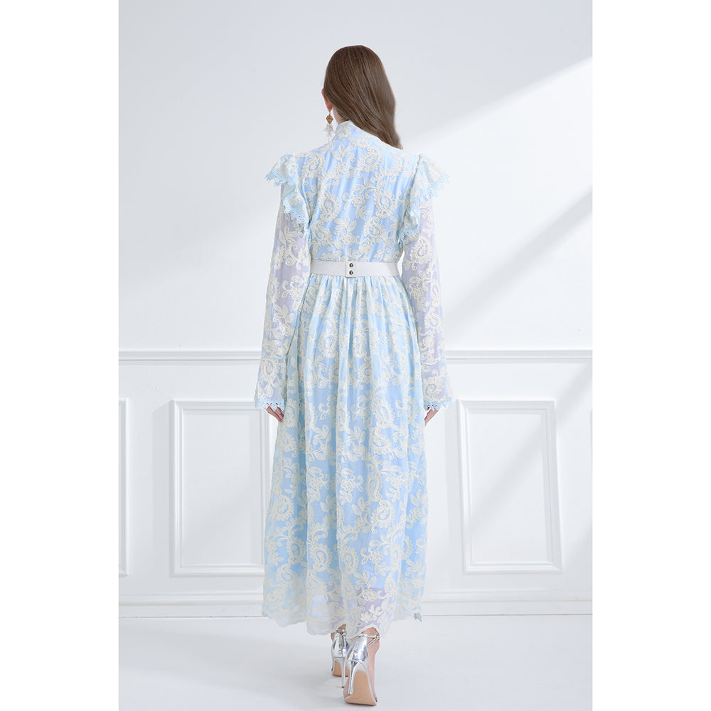 CM-DY061791 Women Elegant European Style Stand Collar Lotus Leaf Edges Long Sleeve Dress - Blue