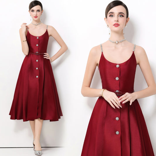 CM-DY061926 Women Elegant European Style Spaghetti Strap Rhinestone Decor Sleeveless A-Line Midi Dress - Wine Red