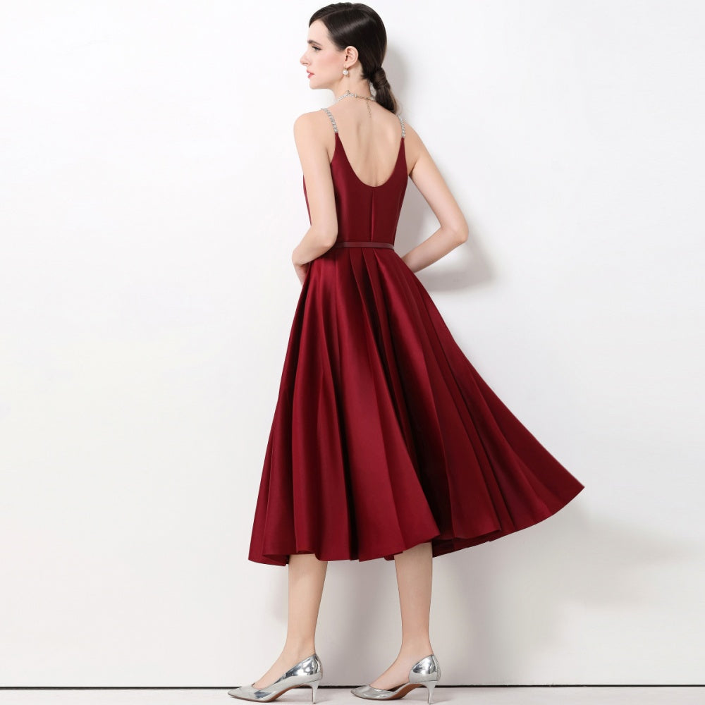 CM-DY061926 Women Elegant European Style Spaghetti Strap Rhinestone Decor Sleeveless A-Line Midi Dress - Wine Red