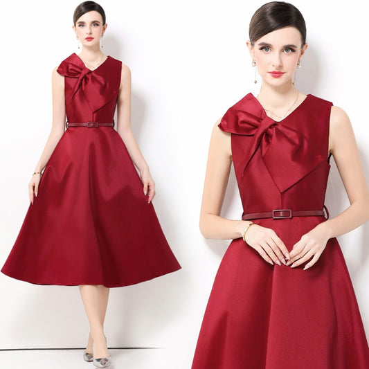 CM-DY061927 Women Elegant European Style V-Neck Big Bow Decor Sleeveless Belted Midi Dress - Wine Red