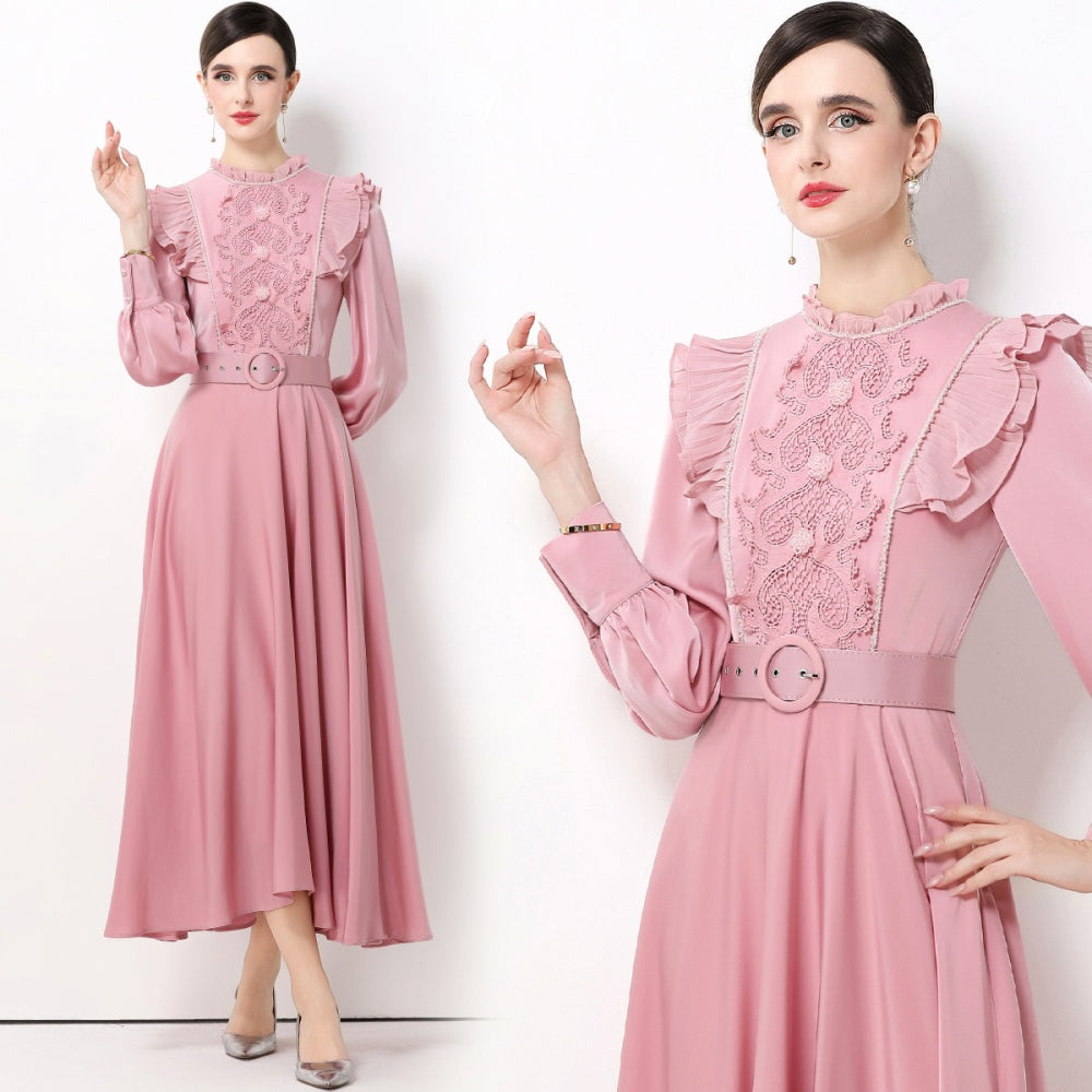 CM-DY061928 Women Elegant European Style Stand Collar Long Sleeve High Waist A-Line Maxi Dress - Pink